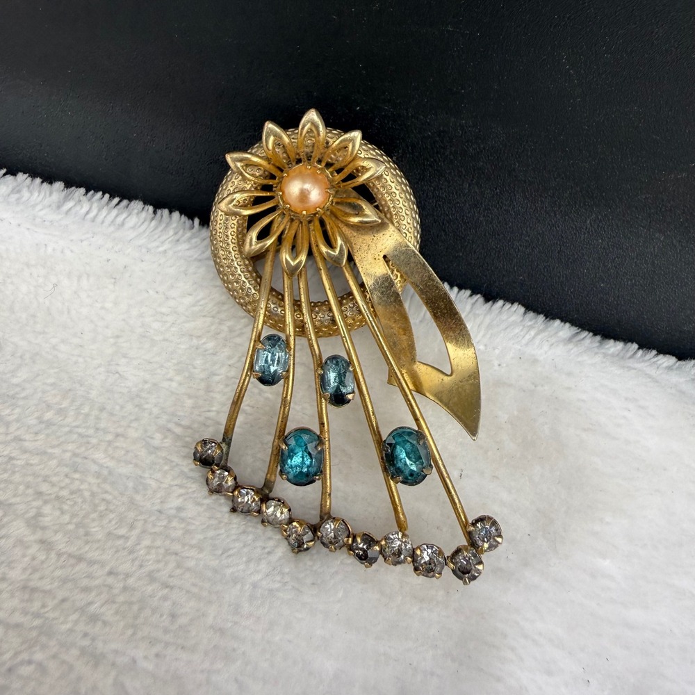 Vintage Krasne of California Brooch‎ Gold Blue Rhinestone Spray